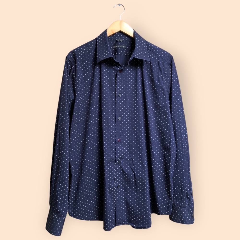 Theory MENS Navy Blue Designer Speckled Subtle Floral Button Down Shirt MENS XL